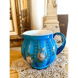 Vintage Fenton Melon Rib Blue Topaz Pitcher – 1992 Hand Painted Floral Art Glass